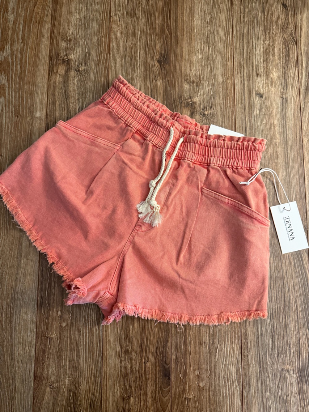Zenana High-Waist Coral Drawstring Frayed-Hem Shorts